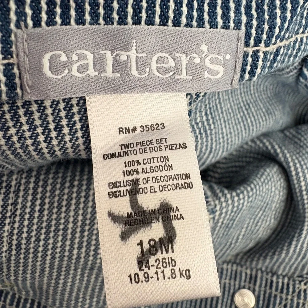 Y2K Toddler Overall Shorts Carters 18M Blue Stripe DenimTractor Farm Animals‎